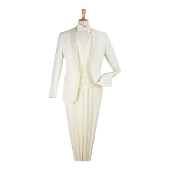 MEN'S ROYAL DIAMOND 3 PIECE SOLID IVORY 1 BUTTON VESTED SHAWL TUXEDO. TU-5. - Picture 2 of 2